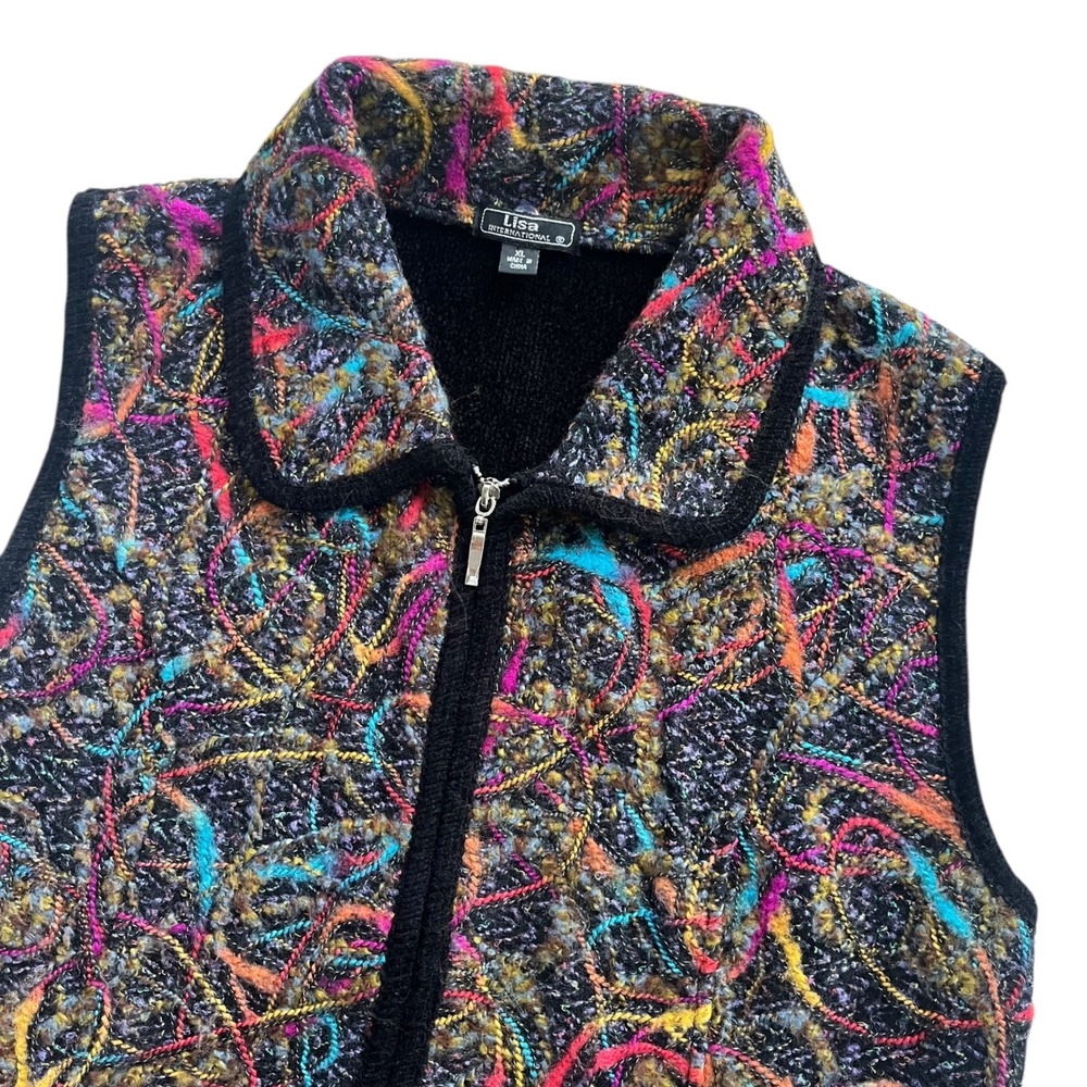Lisa International XL Multi-Color, Black Chenille Art-To-Wear Full Zip Knit Vest